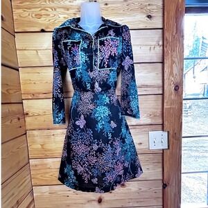 Vintage Sears Butterfly Floral Print Dress Long Sleeve Elastic Waist Black Pink
